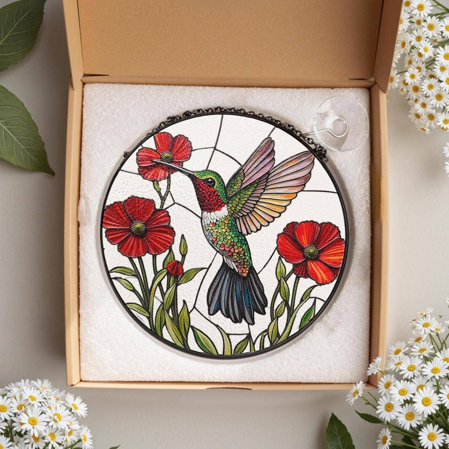 Vibrant Bird and Poppy Stained Glass Suncatcher, Hummingbird