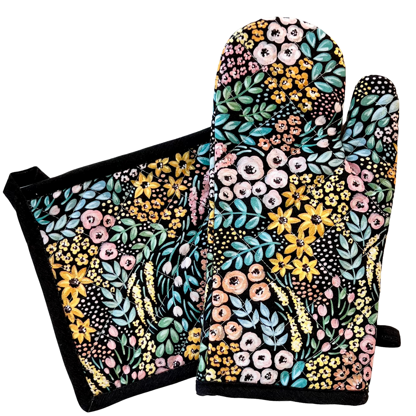 Black Floral Oven Mitt + Pot Holder Set