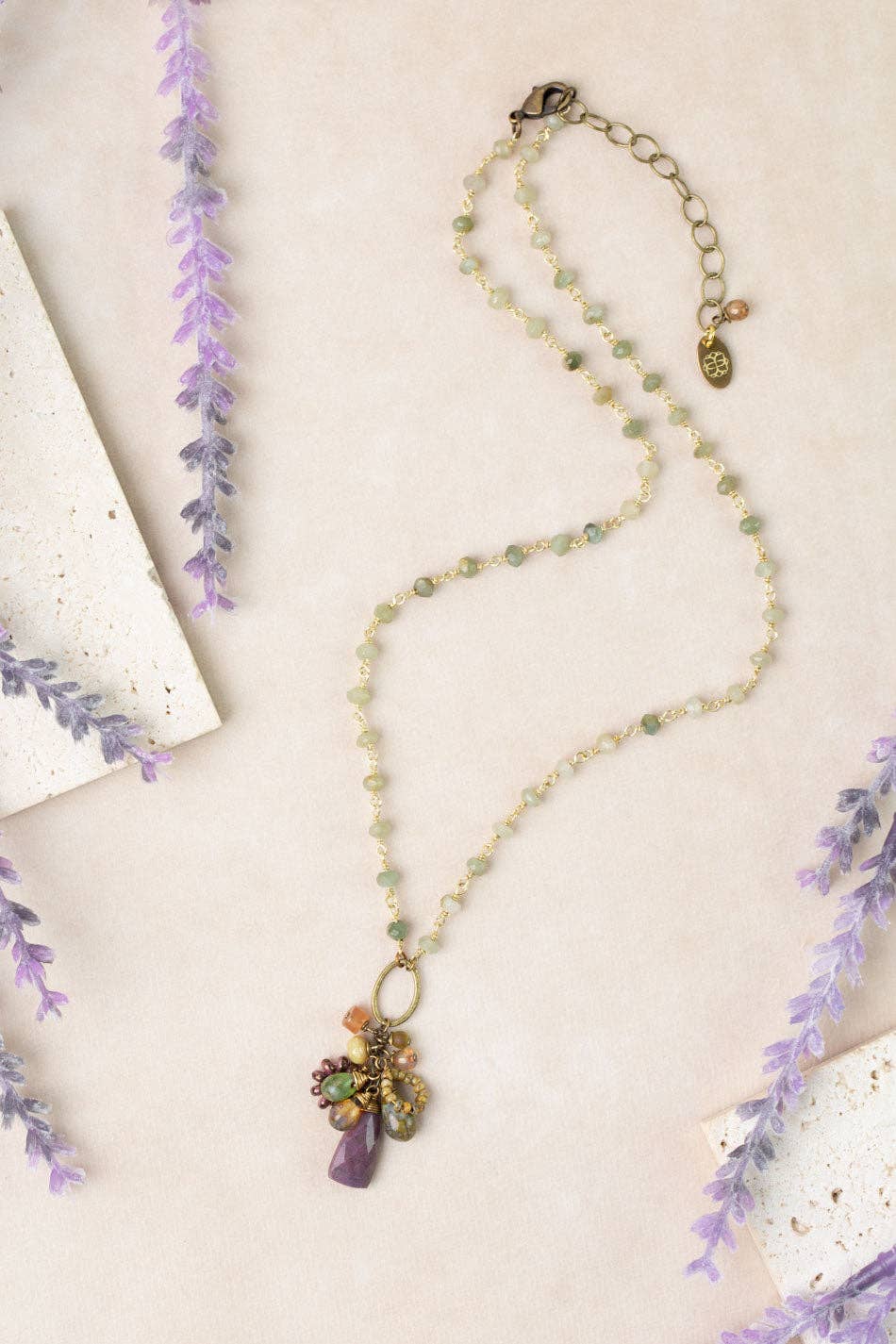 Apatheia 17.5-19.5" Czech Glass, Cats Eye, Purple Jasper Cluster Necklace