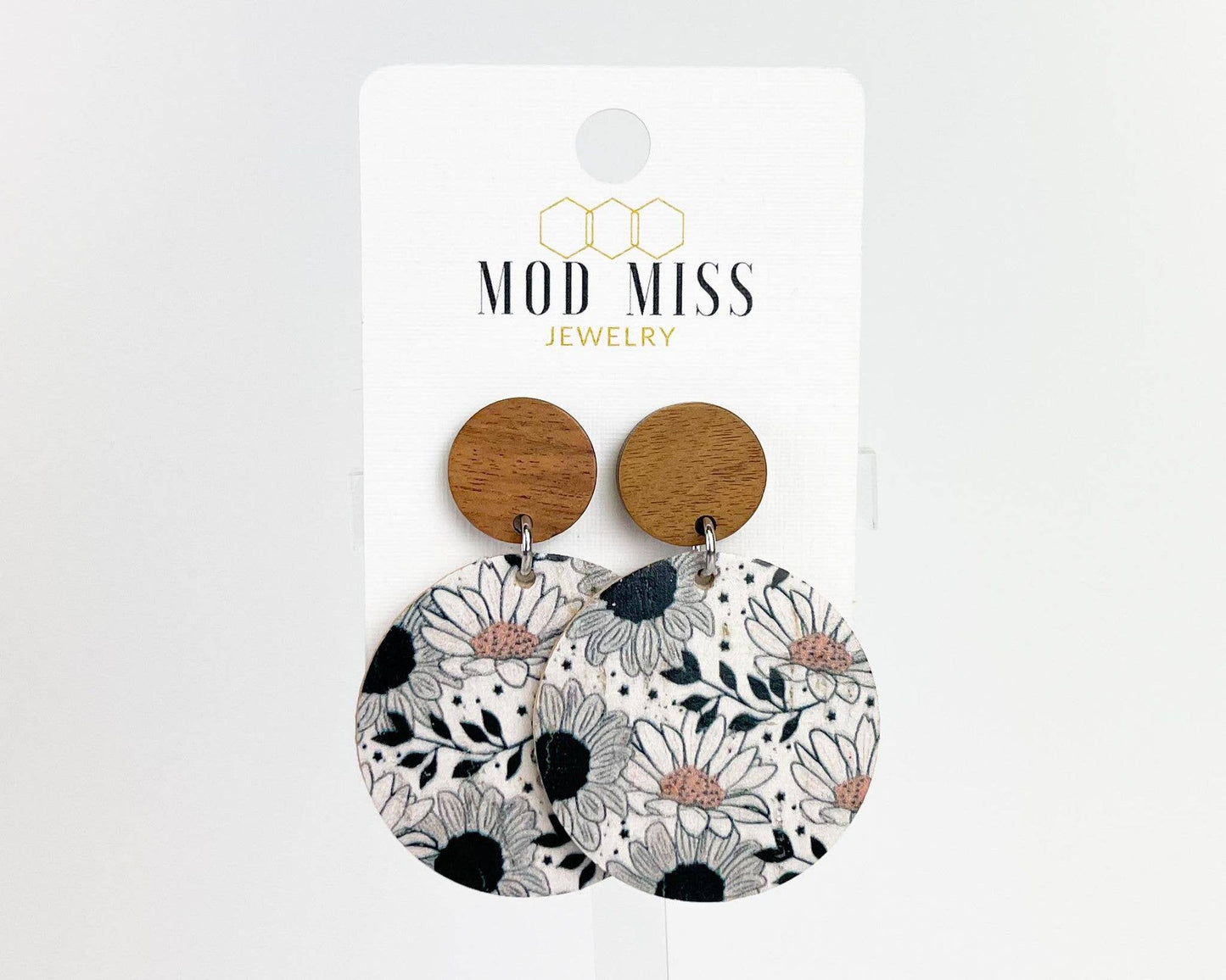 Cork+Leather Round Earring "Monochrome Sunflowers"