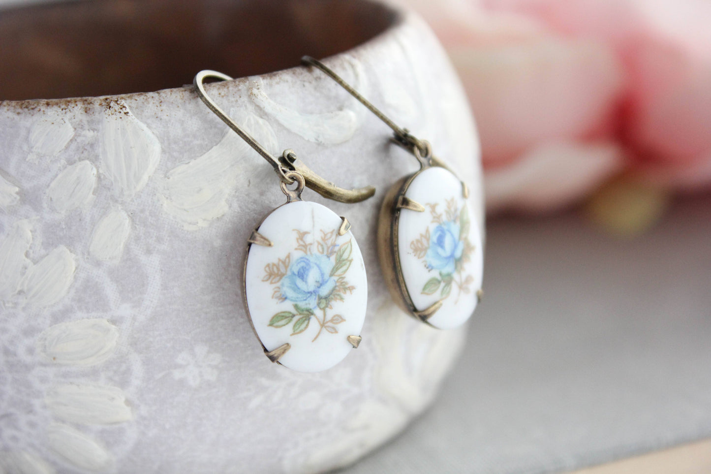 Blue Rose Cameo Earrings