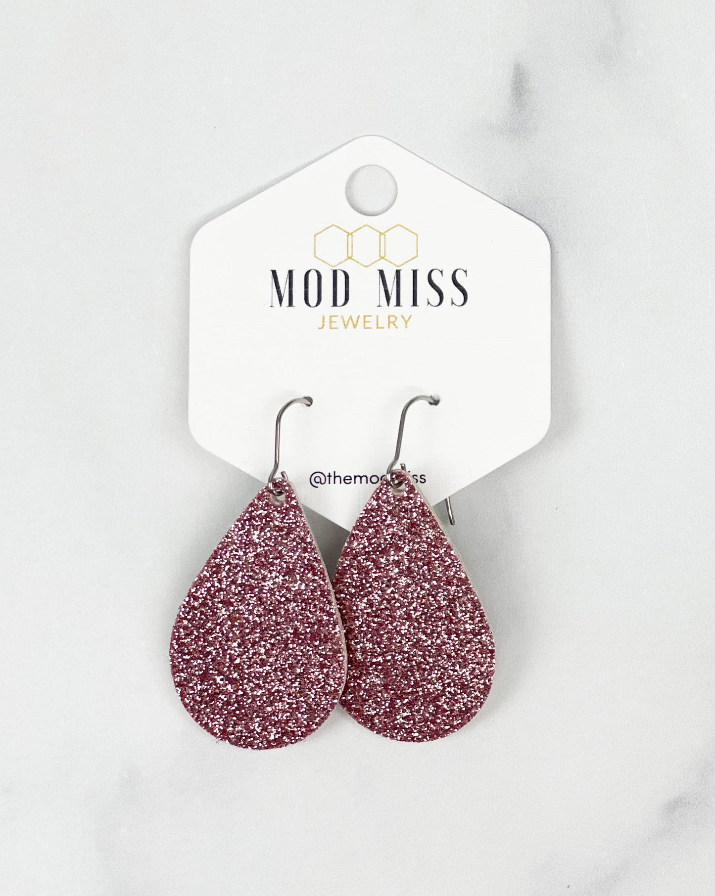 Cork+Leather Teardrop Earring "Fine Glitter Rose Pink''