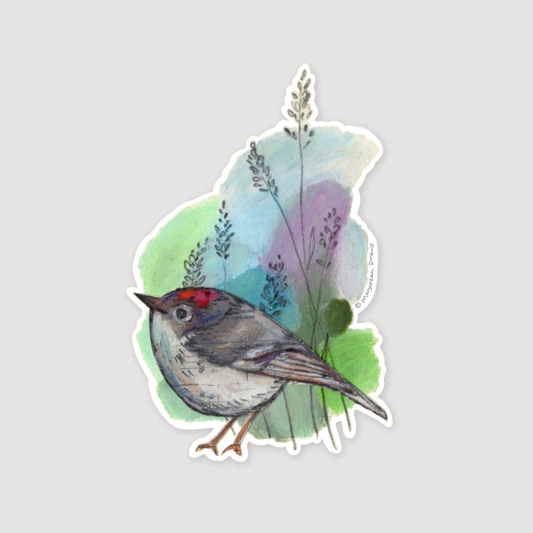 Mixed Media Ruby-Crowned Kinglet Vinyl Bird Sticker