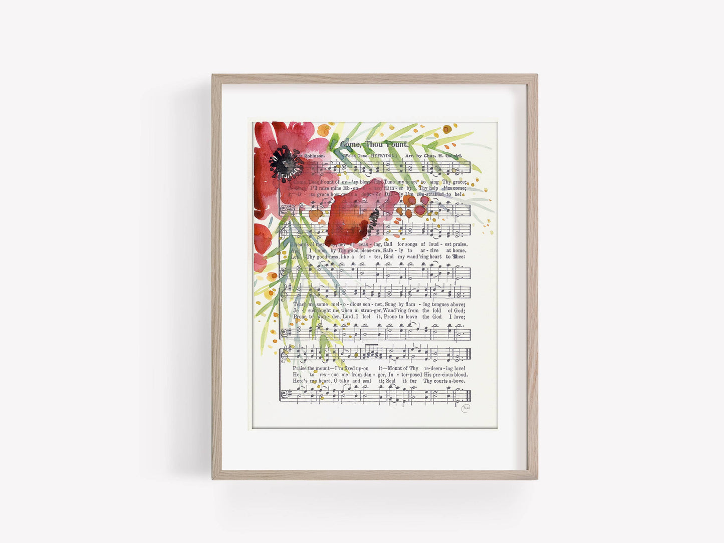 "Come Thou Fount" Watercolor Floral Hymn Art Print 8x10"