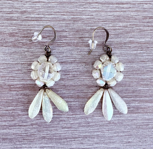 Floral Dagger Princess Earrings With Ivory Etched Crystal