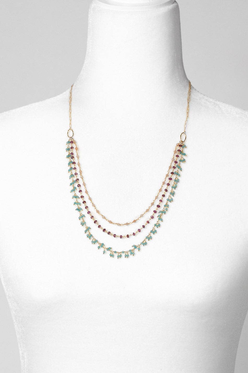 Gumdrop 21.5-23.5" Garnet, Peach Moonstone, Blue Apatite Multistrand Necklace