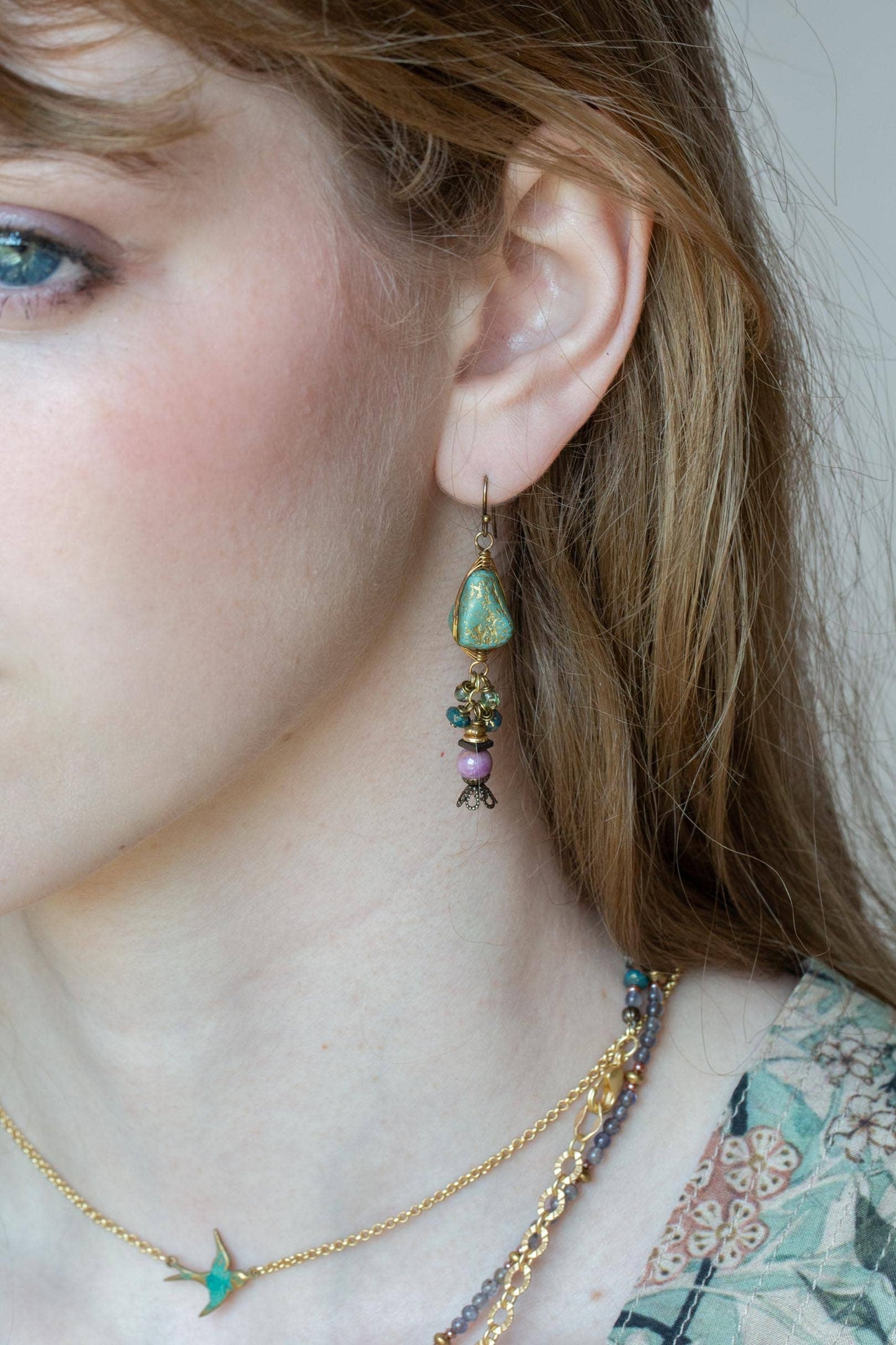 Folklore Phosphorite, Czech Glass Herringbone Earrings