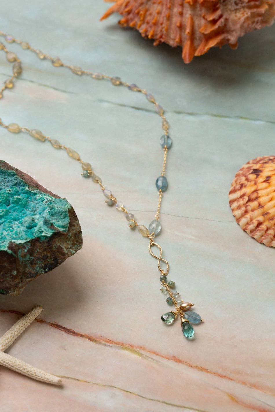 Ocean Waves 19.5-21.5" Opal, Gemstone Chain, Kyanite, Blue Quartz Cluster Necklace