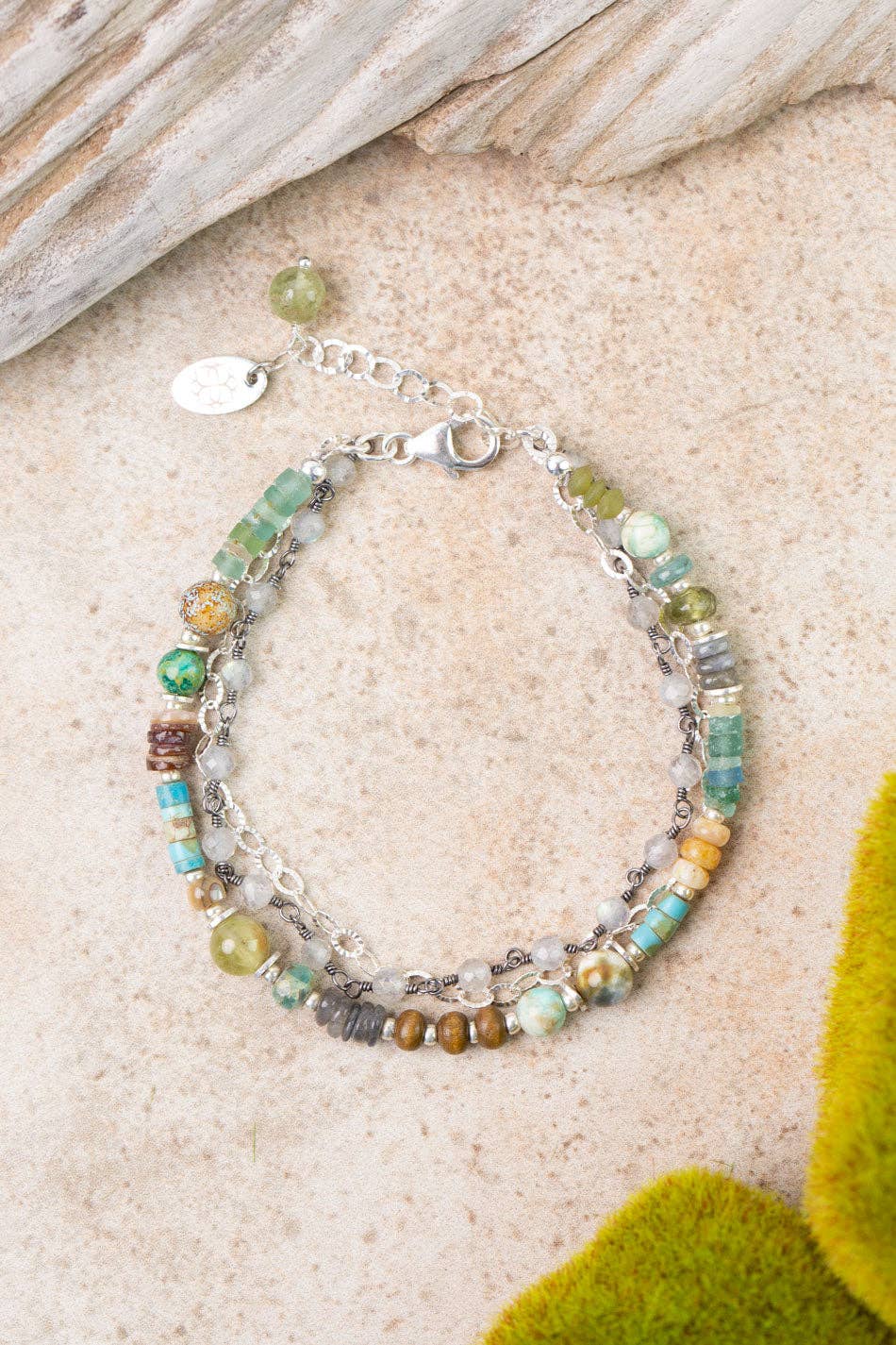 Earthy Girl 7.5-8.5" Labradorite, Turquoise, Roman Glass Multistrand Bracelet