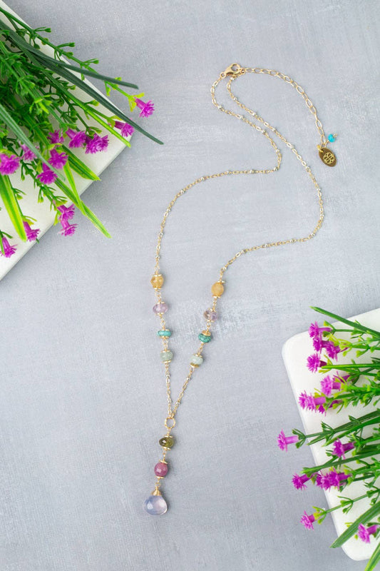 Treasure 17.5-19.5" Aquamarine, Ruby, Citrine with Lavender Quartz Simple Necklace