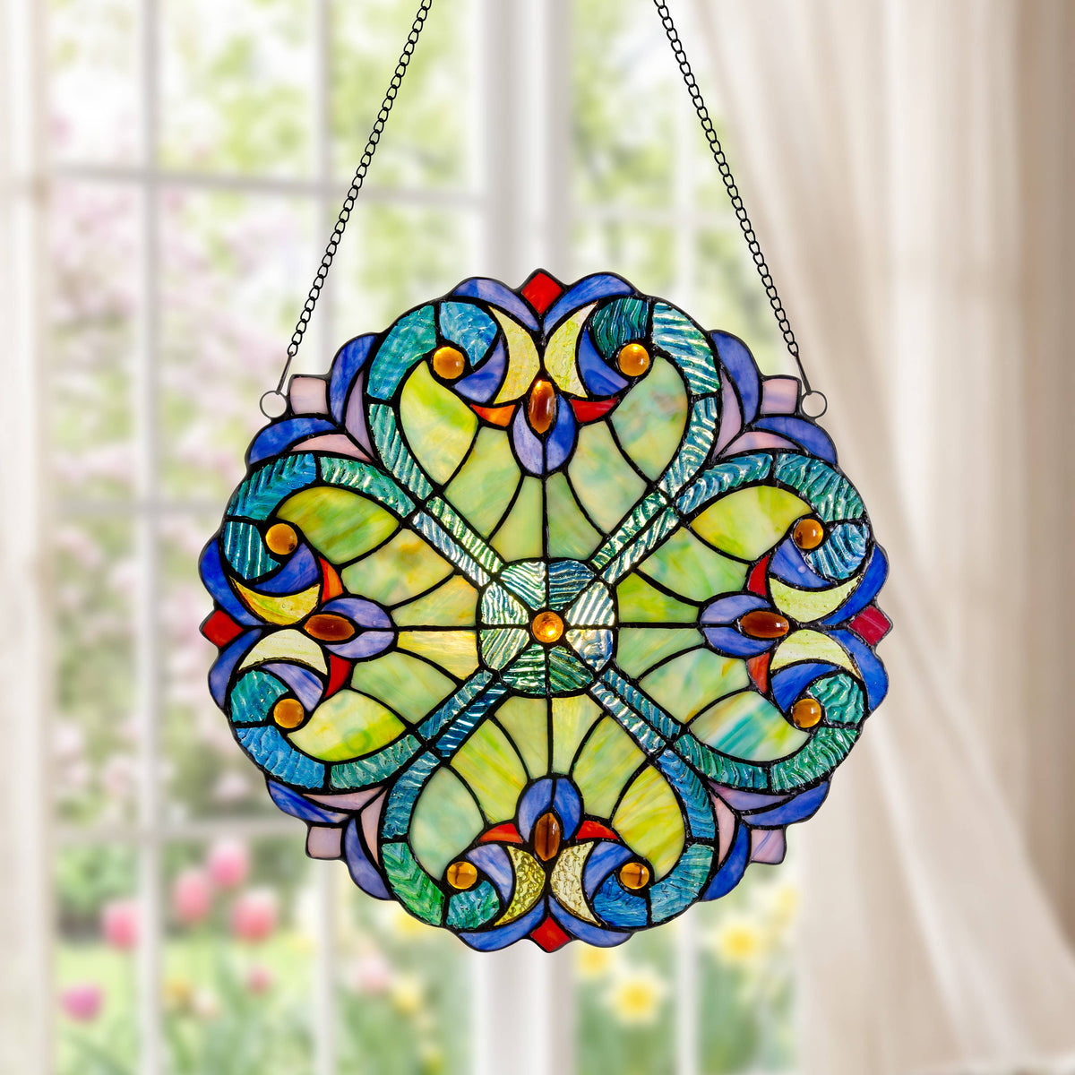 12" Halston Edwardian Stained Glass Window Panel: Blue