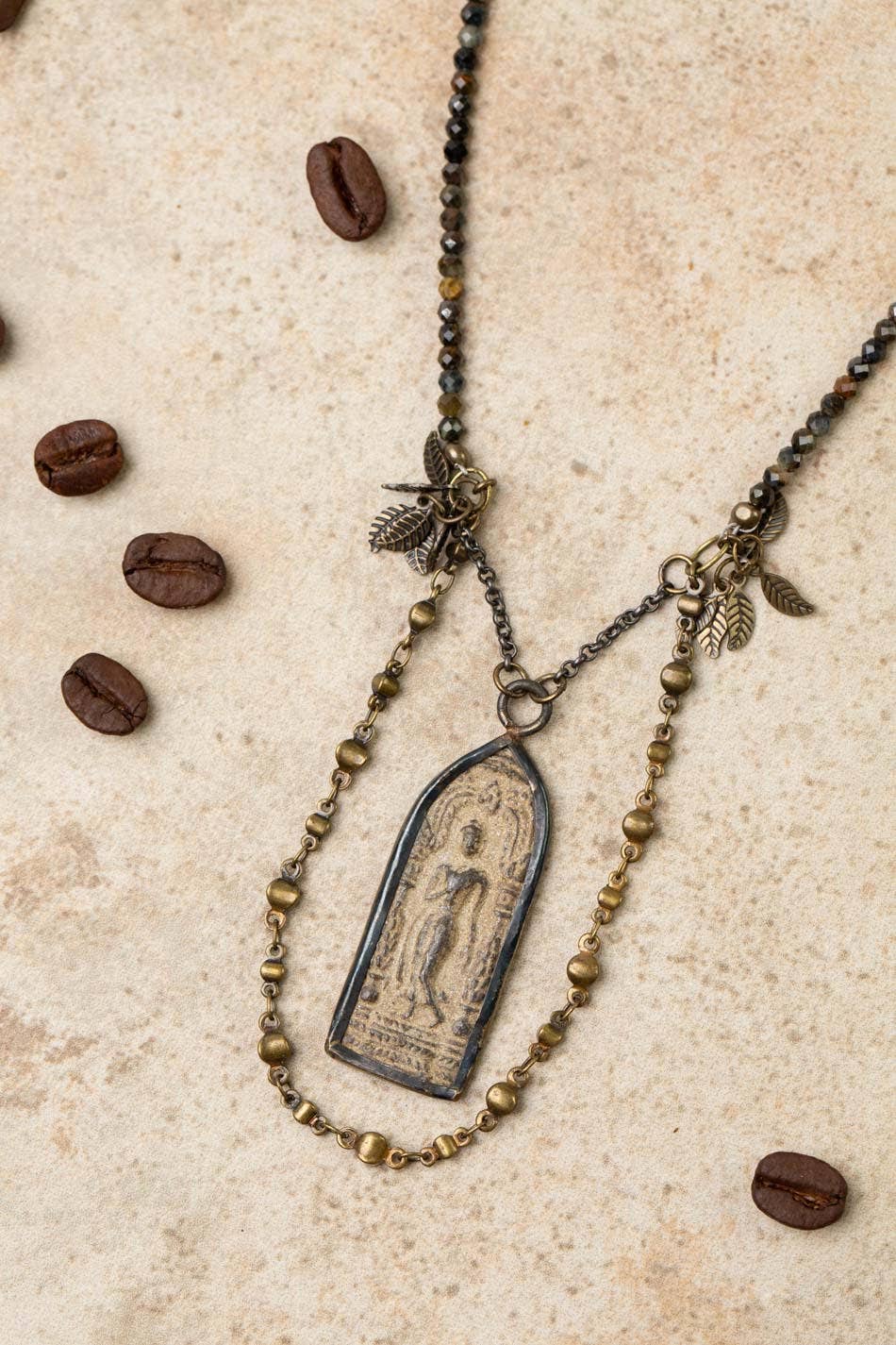 Espresso 24.75-26.75" Blue Tigers Eye, Antique Brass Buddha Cluster Necklace
