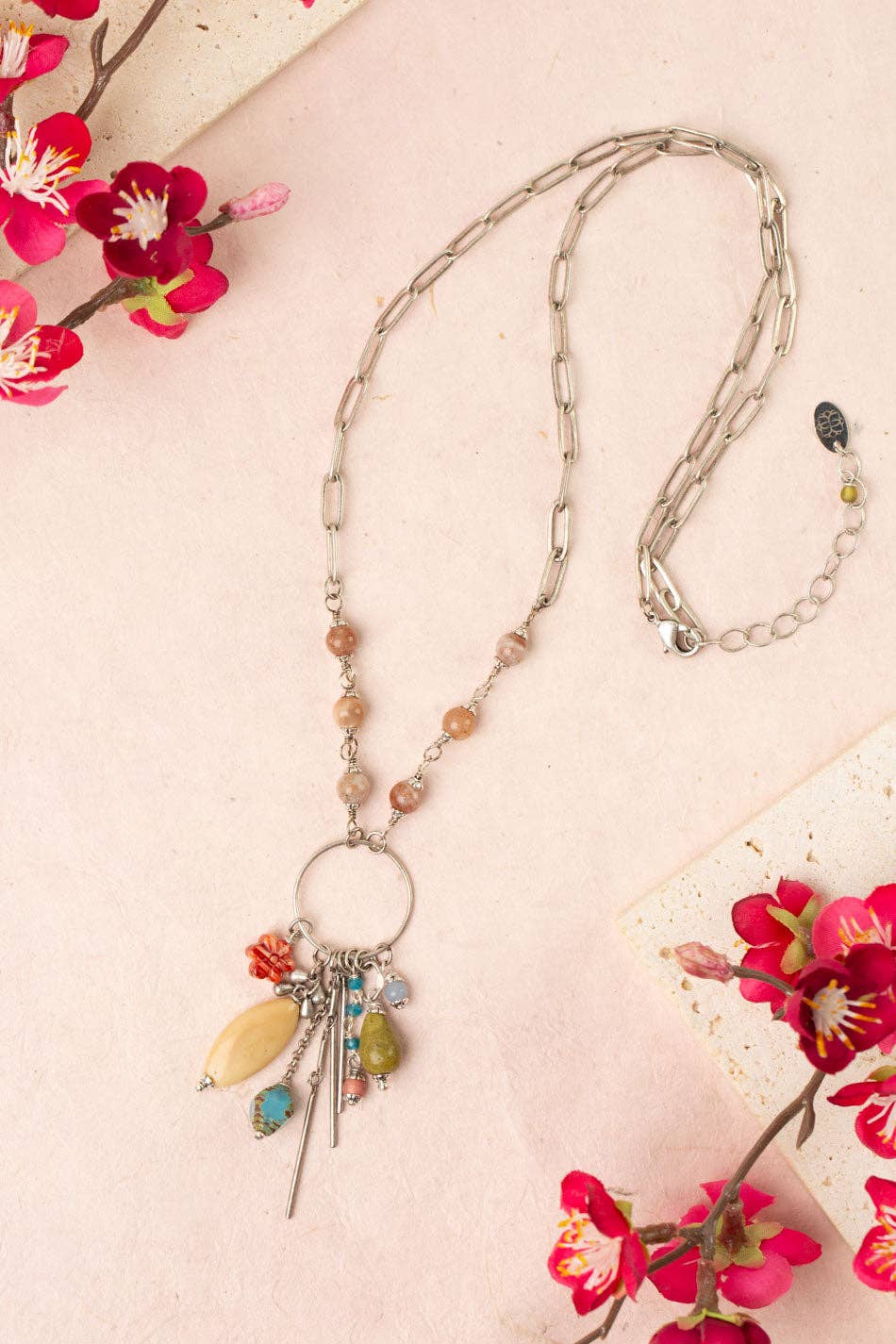 Leilani 23.5-25.5" Peach Moonstone, Olive Jade, Spiny Oyster Tassel Necklace