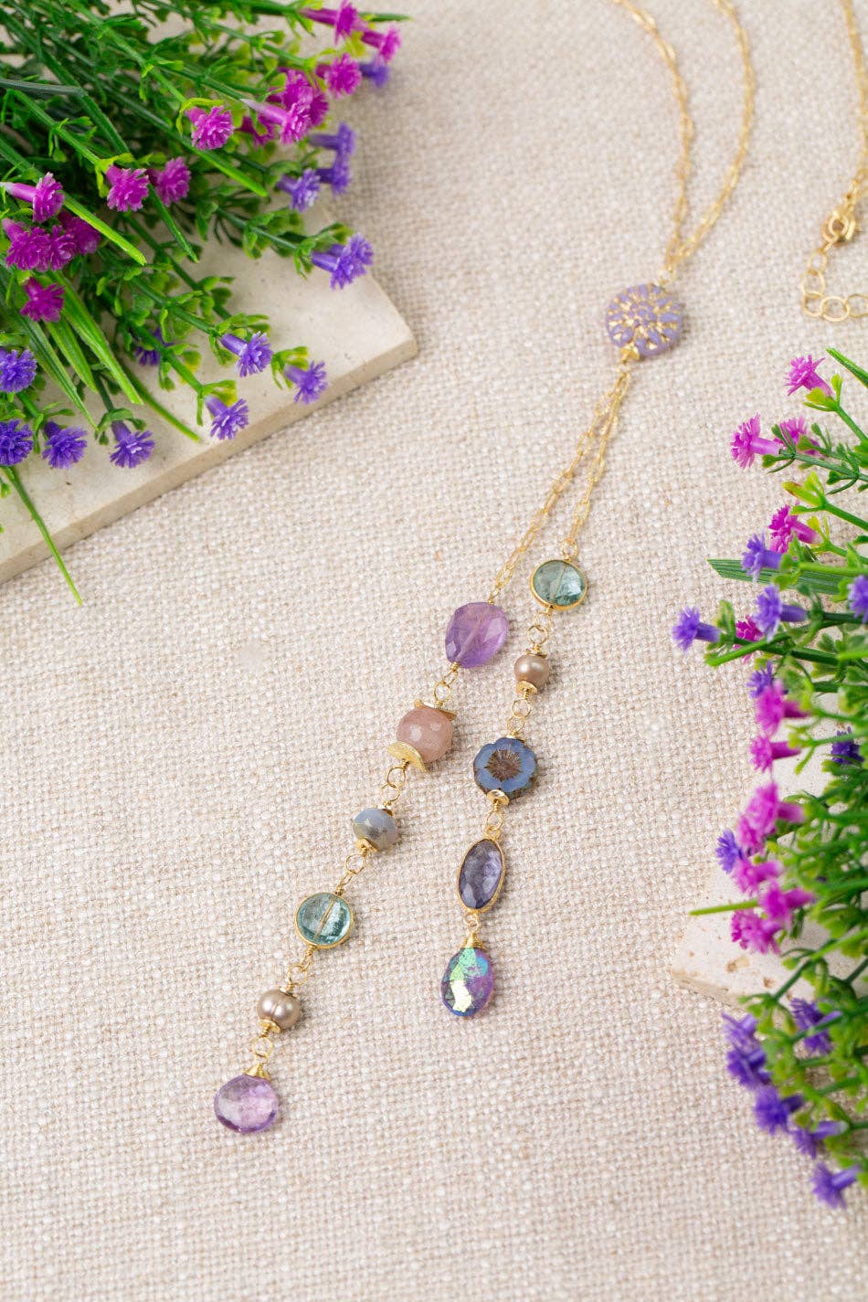 Folklore 21.5-23.5" Czech Glass, Amethyst, Iolite Tassel Necklace