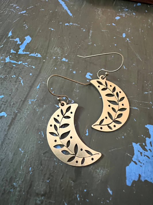 Gold vine crescent moon earrings