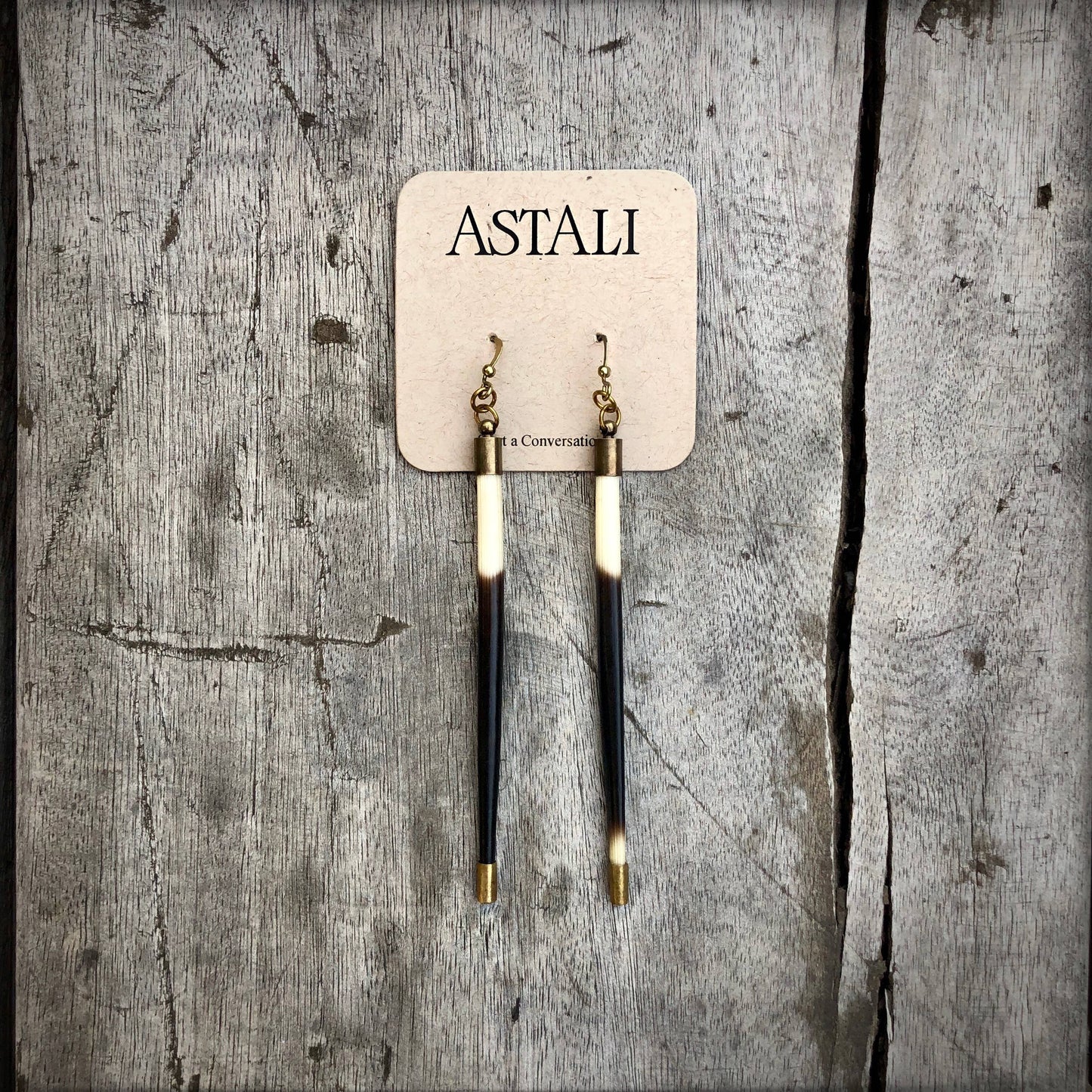 Porcupine Quill Earrings Black/Brown & Ivory, Brass