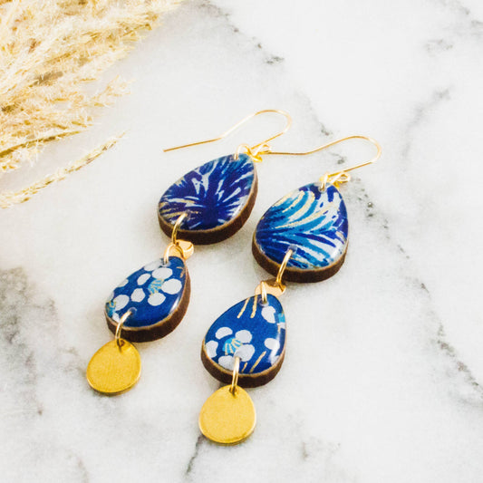 Triple Long Raindrop Earrings- Royal Blue + Gold