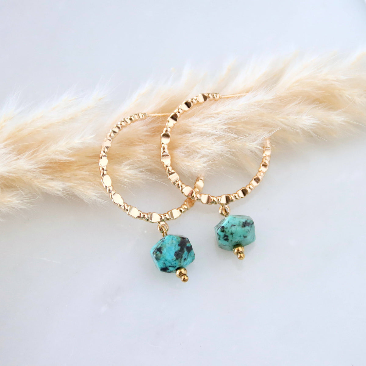Amazonite or Turquoise Textured Hoop Earrings