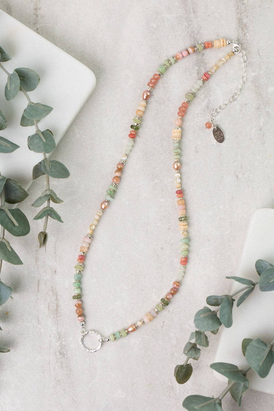 Calming Fleurs 17.5-19.5" Rhodochrosite, Pink Opal, Freshwater Pearl Collage Necklace