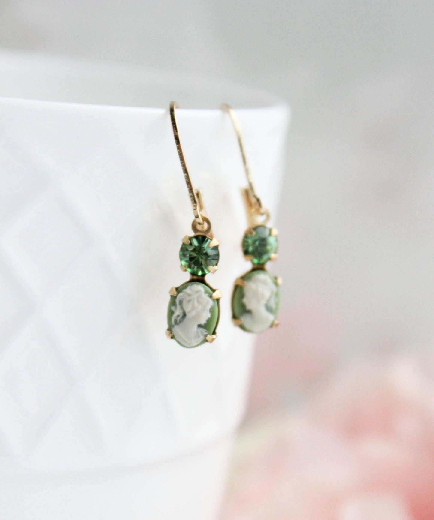 Tiny Lady Cameo Earrings- Light Green