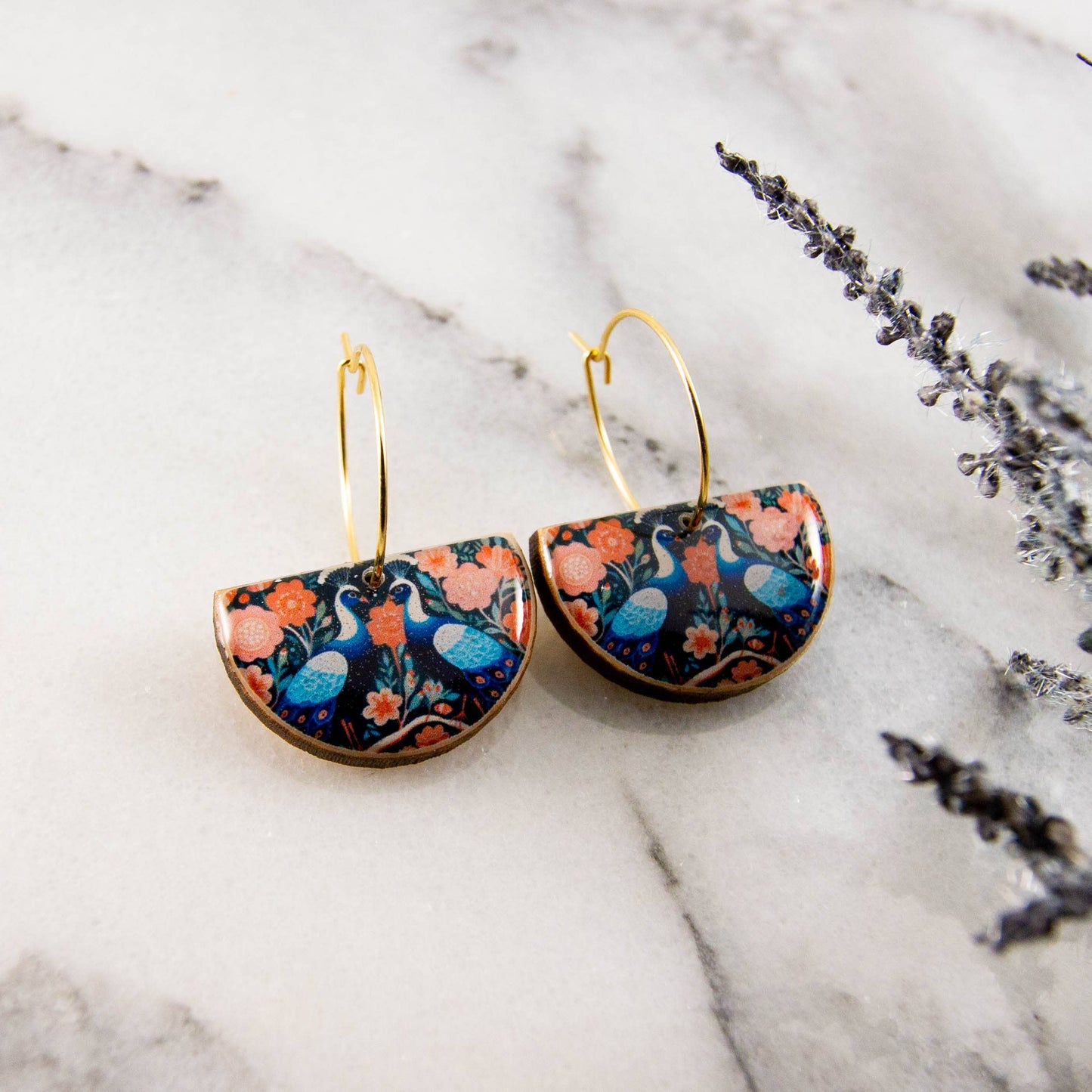 Moody Floral Peacock Drop Hoop Earrings