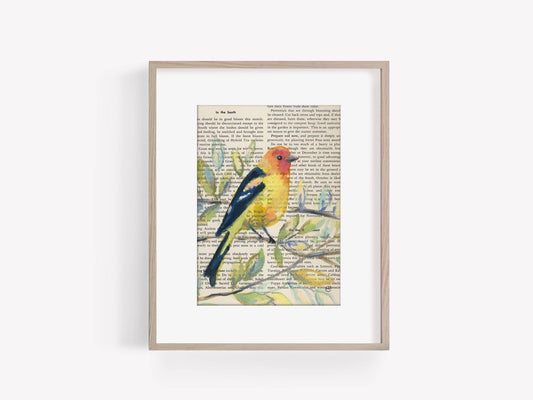 Western Tanager Bird on Gardening Book Page Print, 5x7"