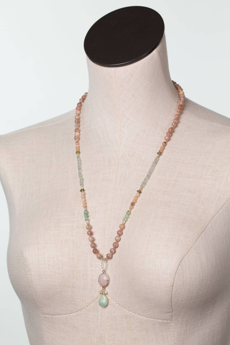 Calming Fleurs 24-26" Peach Moonstone, Chrysoprase, Green Amethyst with Pink Opal Statement Necklace