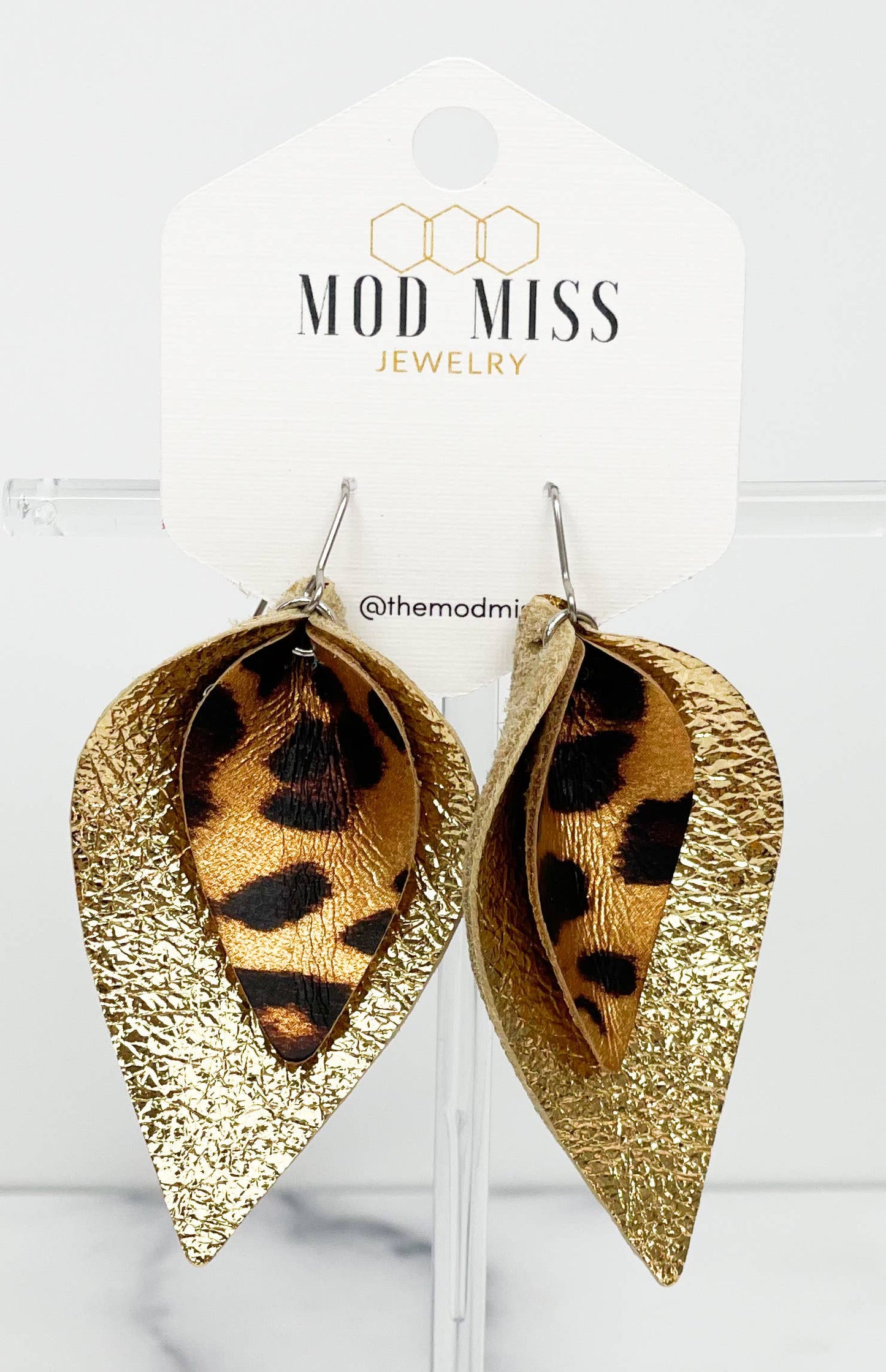 Leather Stacked Petal Earring "LeopardMet+MetallicGold"