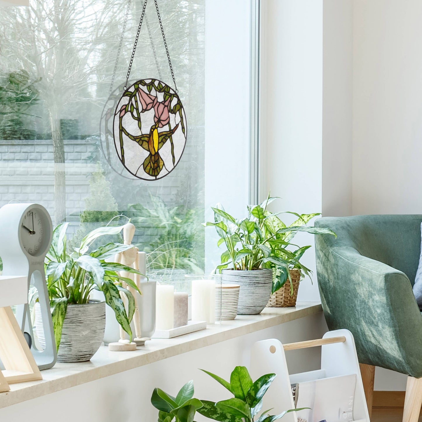 10"H Hummingbird and Hibiscus Stained Glass Window Panel