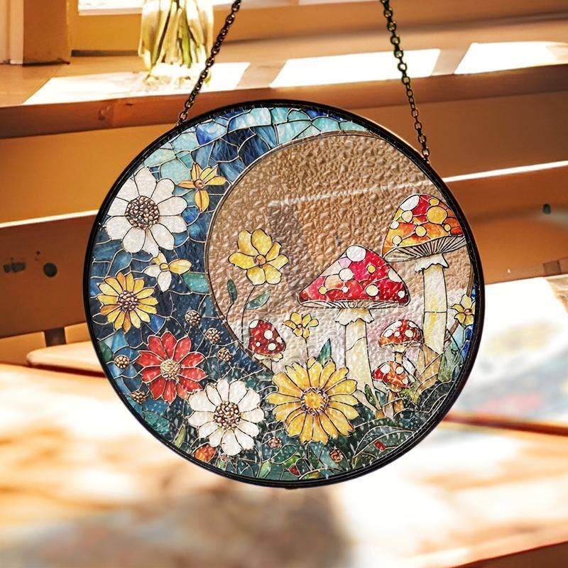 Mushroom Floral Stained Glass Suncatcher, Whimsical Nature