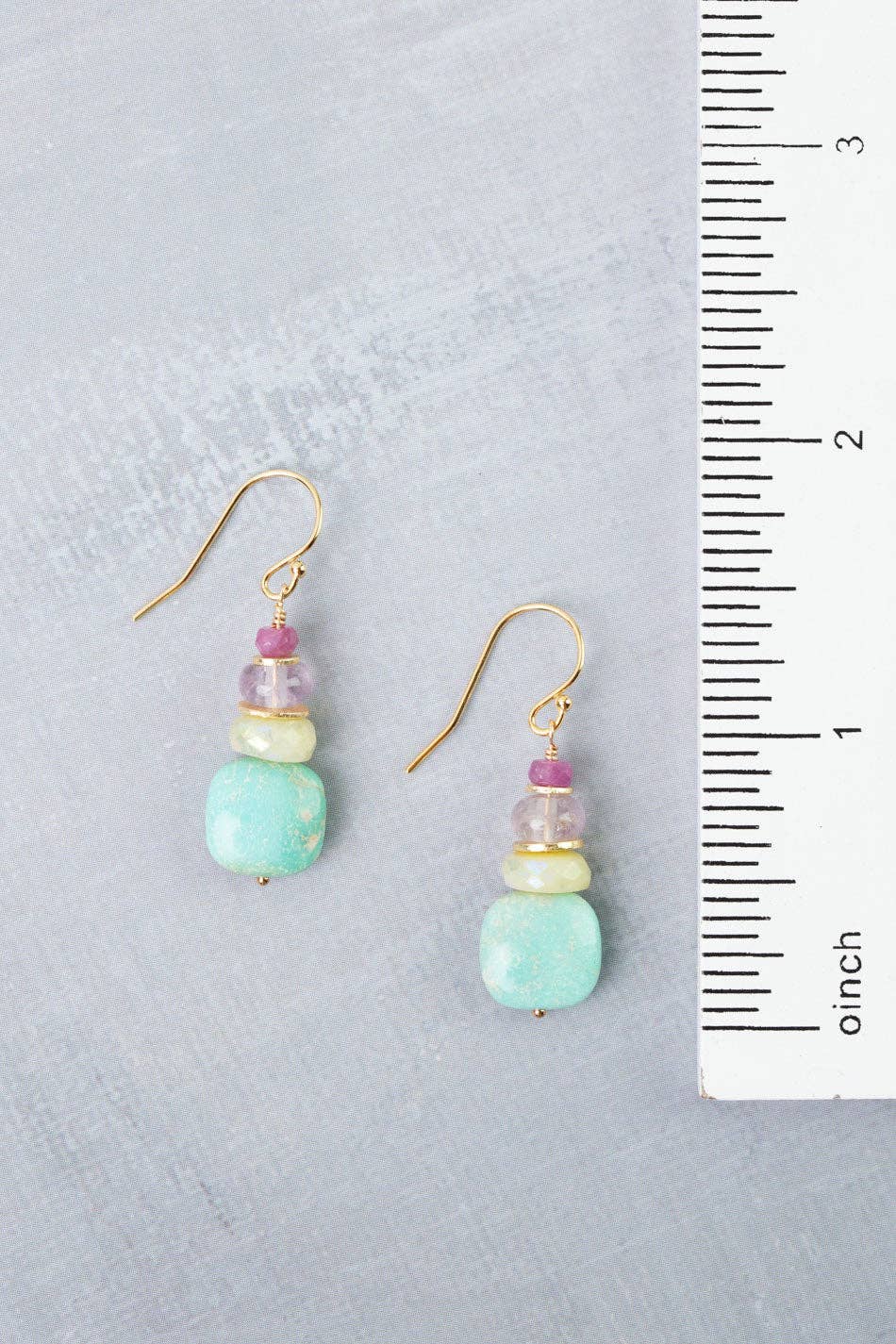 Treasure Honey Opal, Amethyst, Ruby with Turquoise Simple Earrings