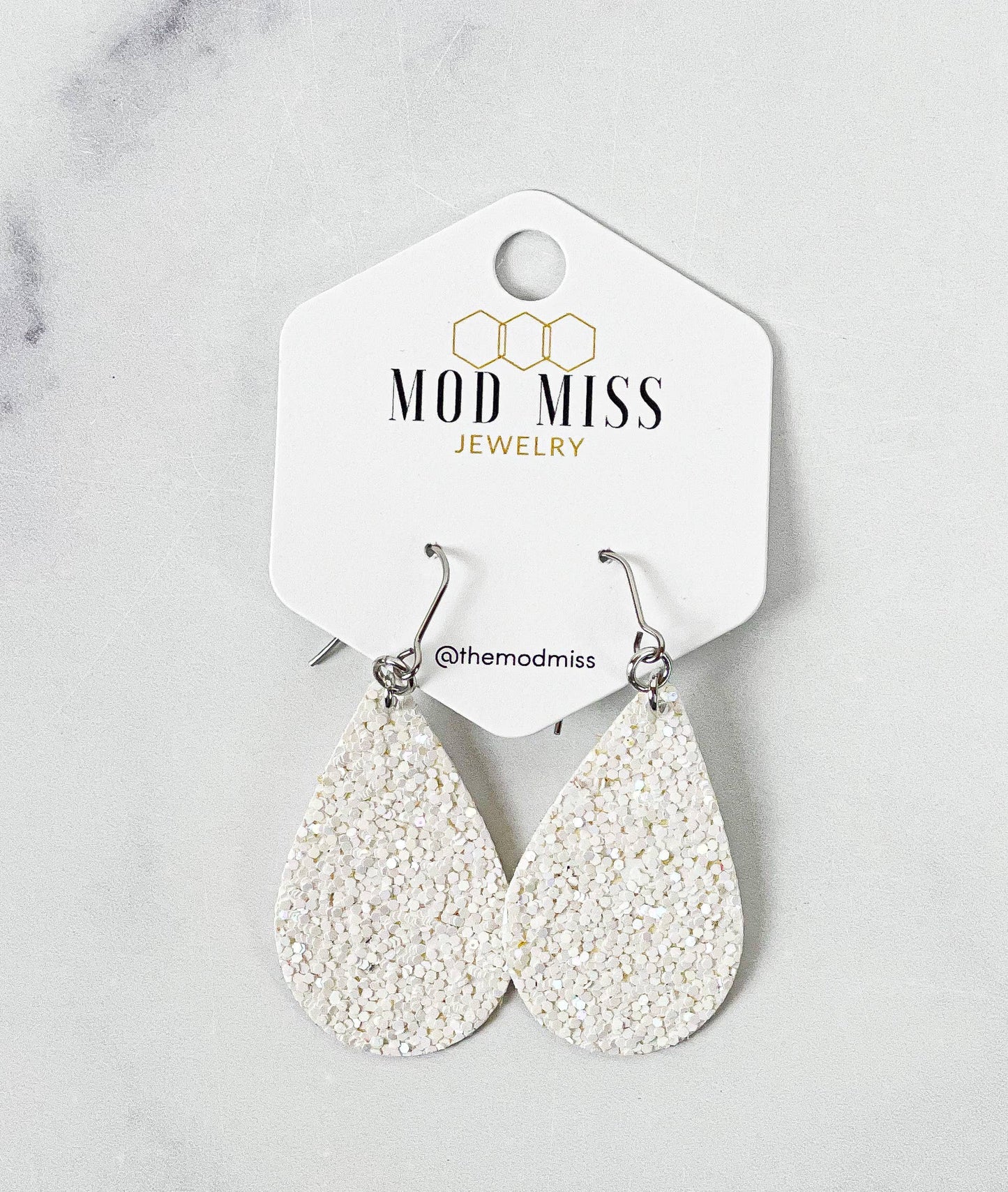 Leather+Canvas Teardrop Earring "Glitter White"