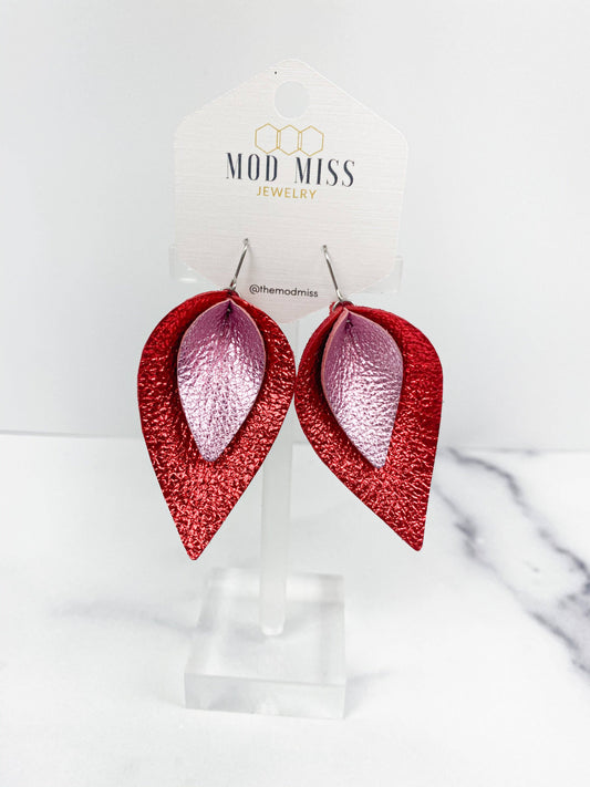 Leather Stacked Petal Earring "MetLightPink+MetRed"