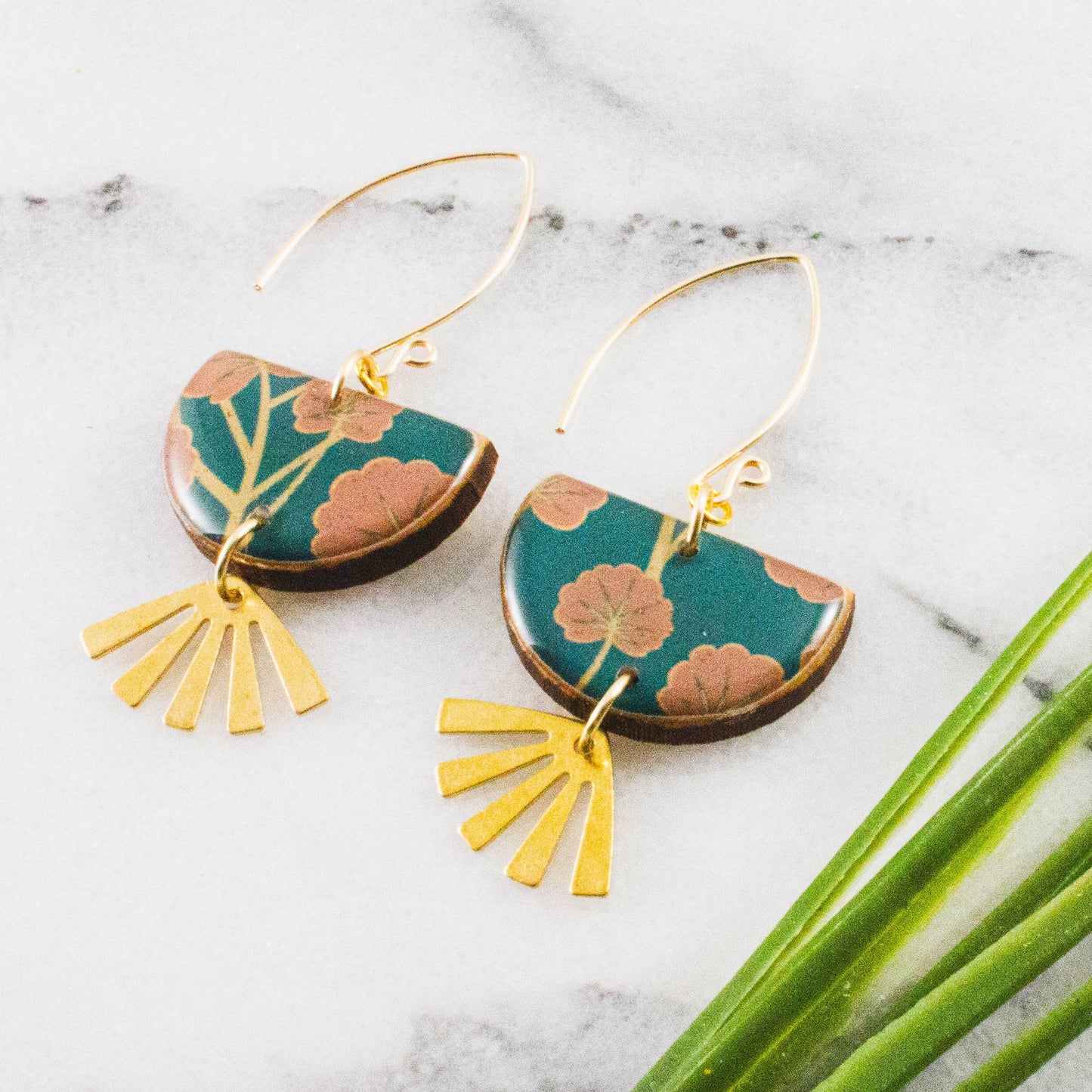 Teal + Pink Floral Brass Fan Earrings