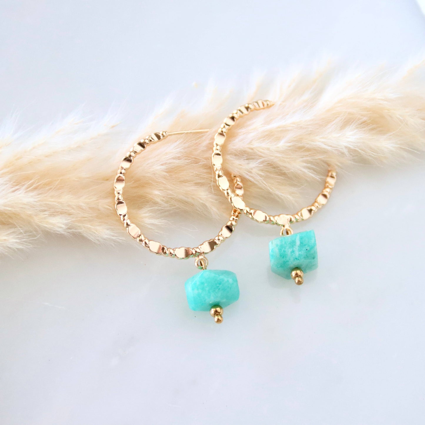 Amazonite or Turquoise Textured Hoop Earrings