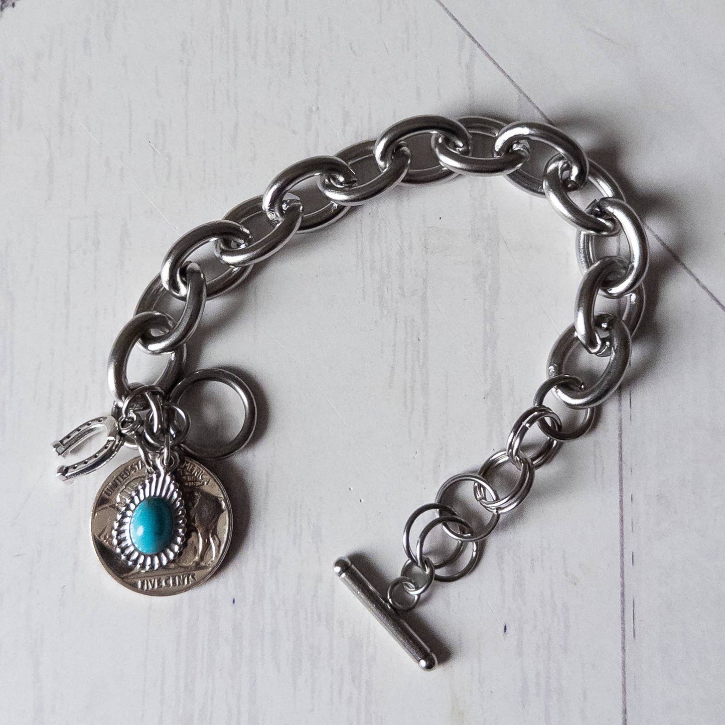 Buffalo Nickel Turquoise Drop Charm Bracelet