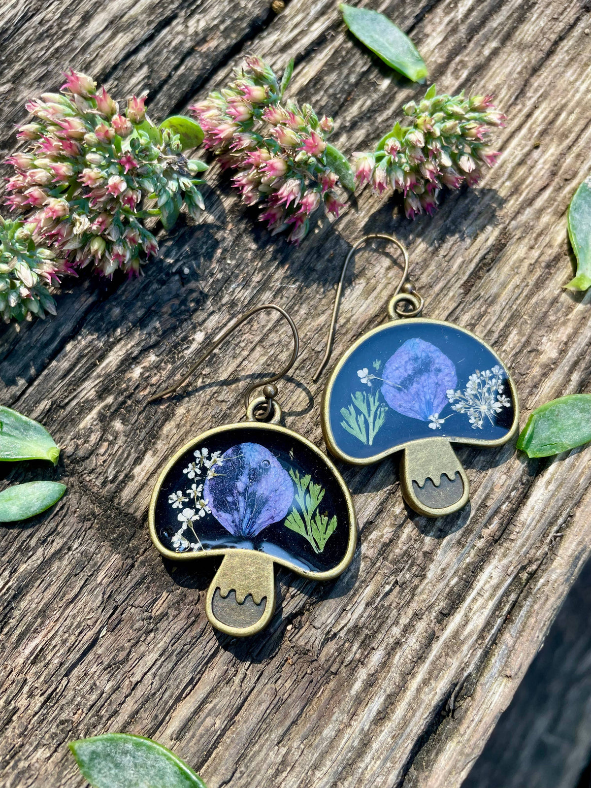 Botanical mushroom earrings with dried flowers, moody