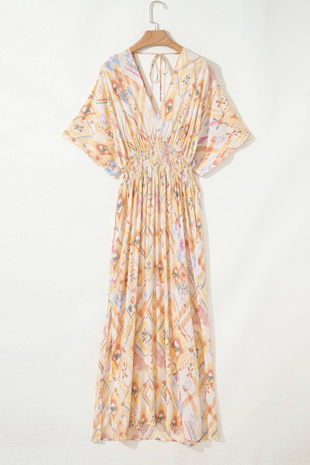 Geometric Shirred High Waist Summer Maxi Dress