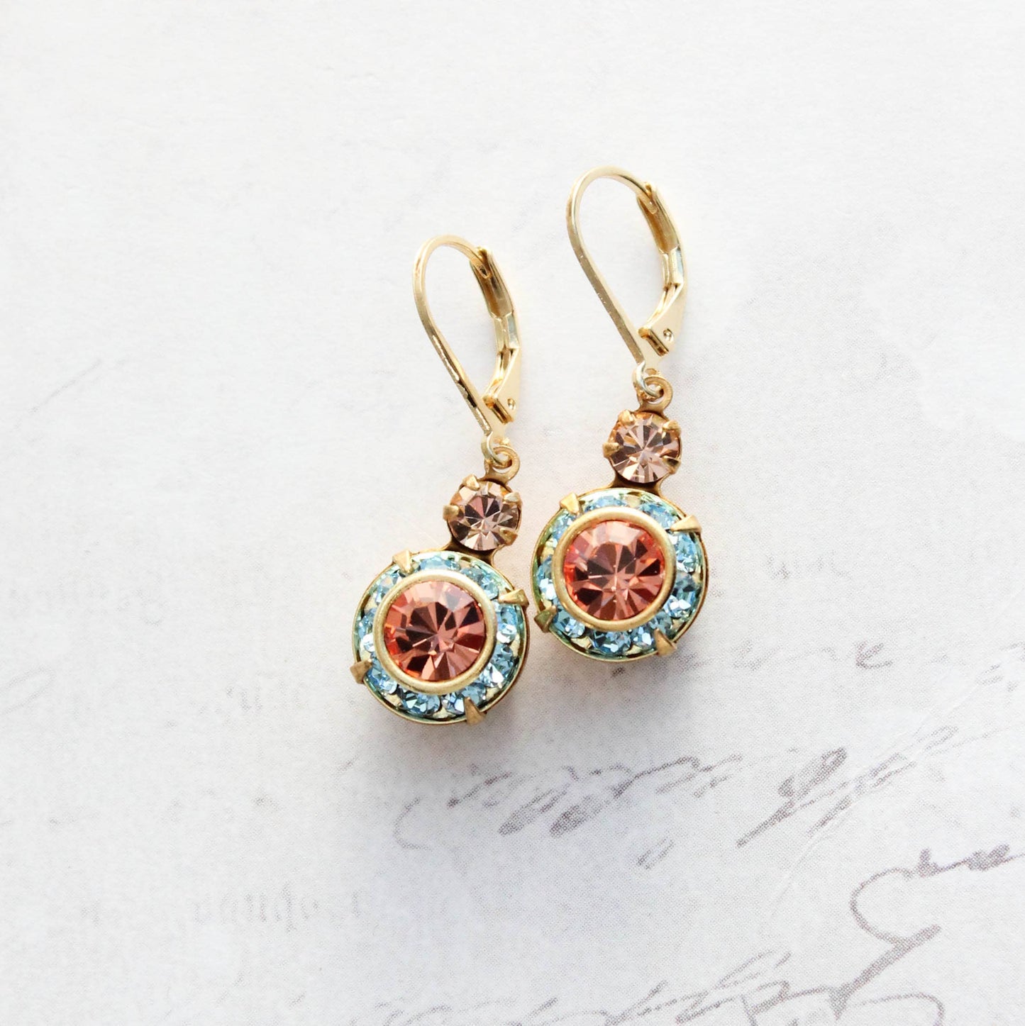 Art Deco Floral Earrings- Light Peach & Aquamarine