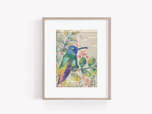 Hummingbird Mixed Media on Gardening Book Page Print, 5x7