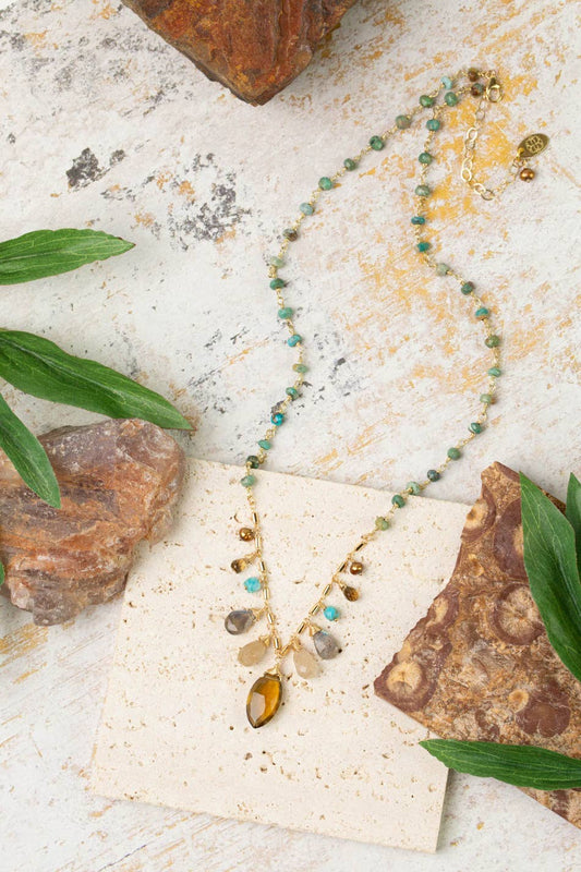 Desert Sunset 16-18" Turquoise, Freshwater Pearl, Citrine With Smokey Quartz Cluster Necklace
