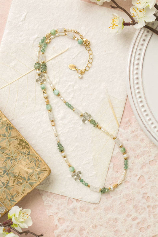 Contentment 20.5-22.5" Green Aventurine, Rainbow Moonstone, Pearl Simple Necklace