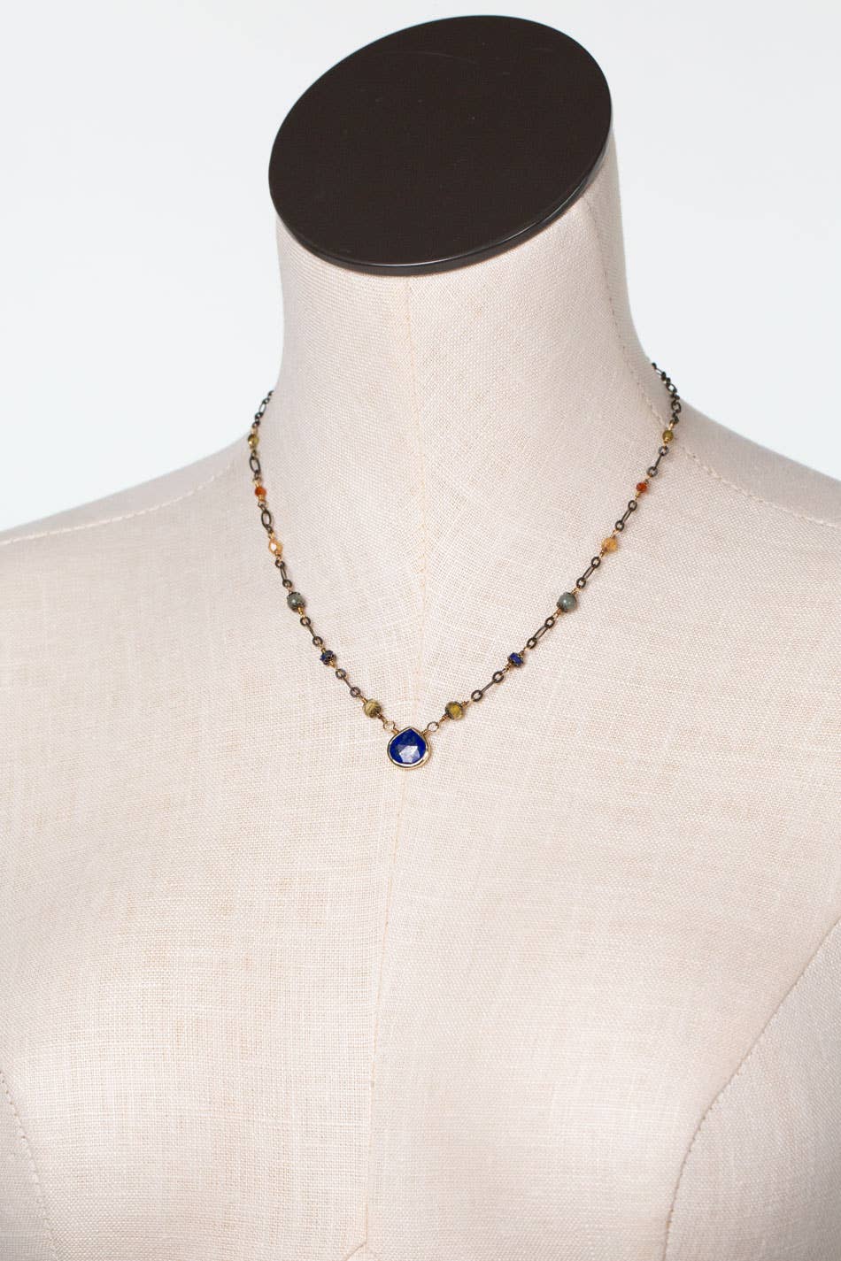 Sacred Heart 16.25-18.25" Czech Glass With Lapis Teardrop Bezel Simple Necklace