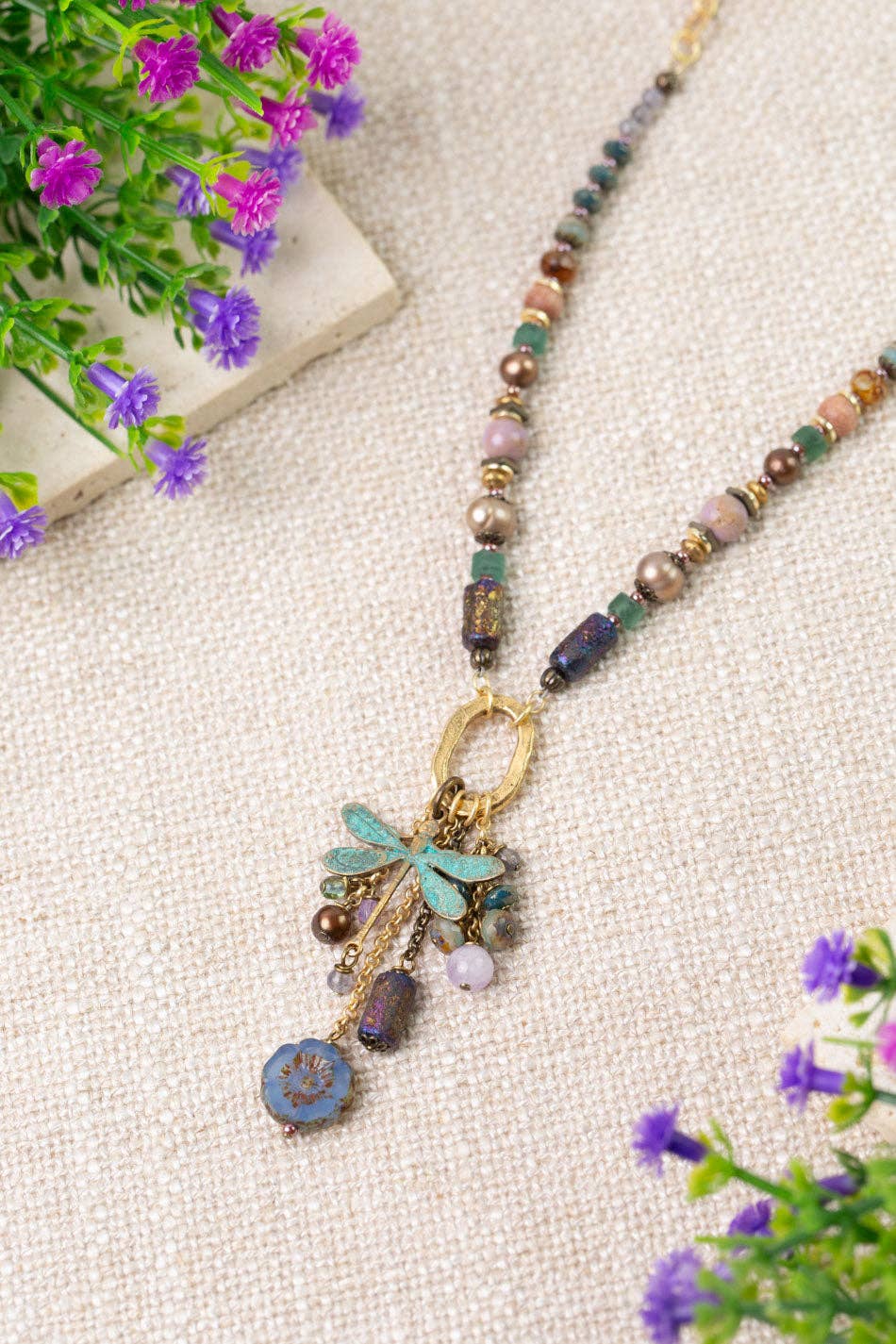 Folklore 19.25 or 27" Tanzanite, Czech Glass, Freshwater Pearl Collage Necklace