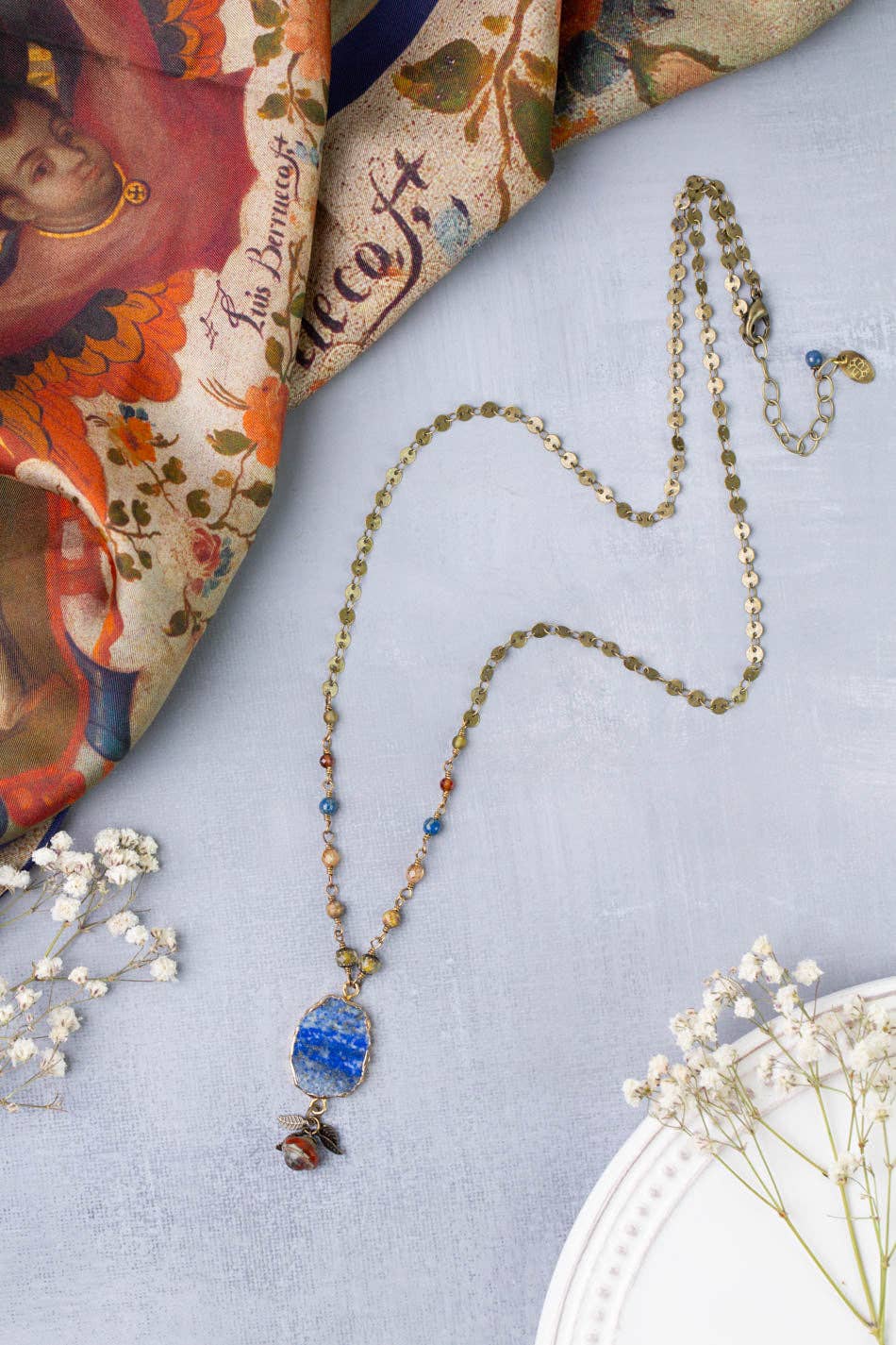 Sacred Heart 26-28" Czech Glass With Lapis Bezel Collage Necklace