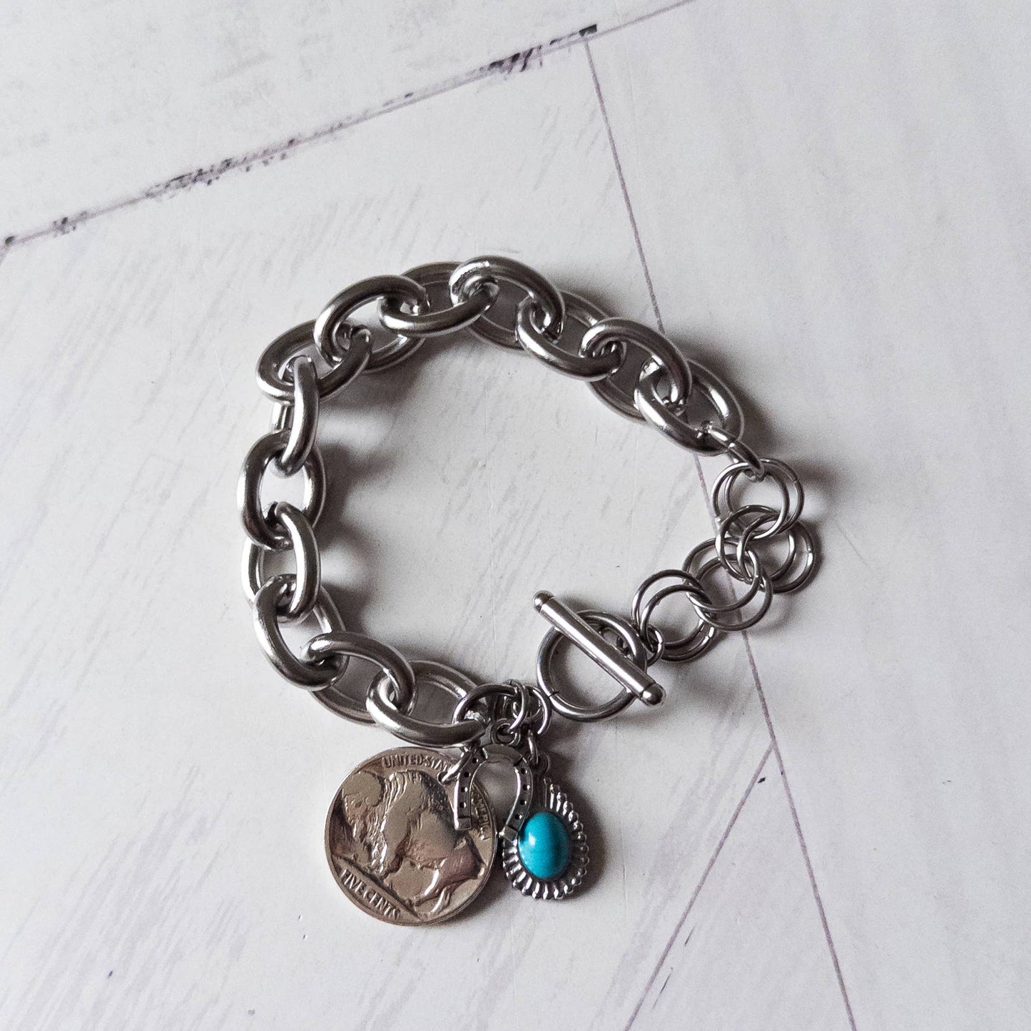 Buffalo Nickel Turquoise Drop Charm Bracelet