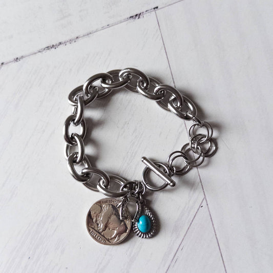 Buffalo Nickel Turquoise Drop Charm Bracelet
