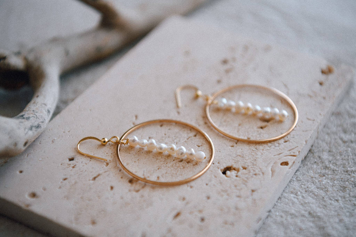Pearl Beaded Drop Hoop Earrings