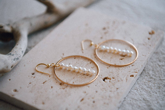 Pearl Beaded Drop Hoop Earrings