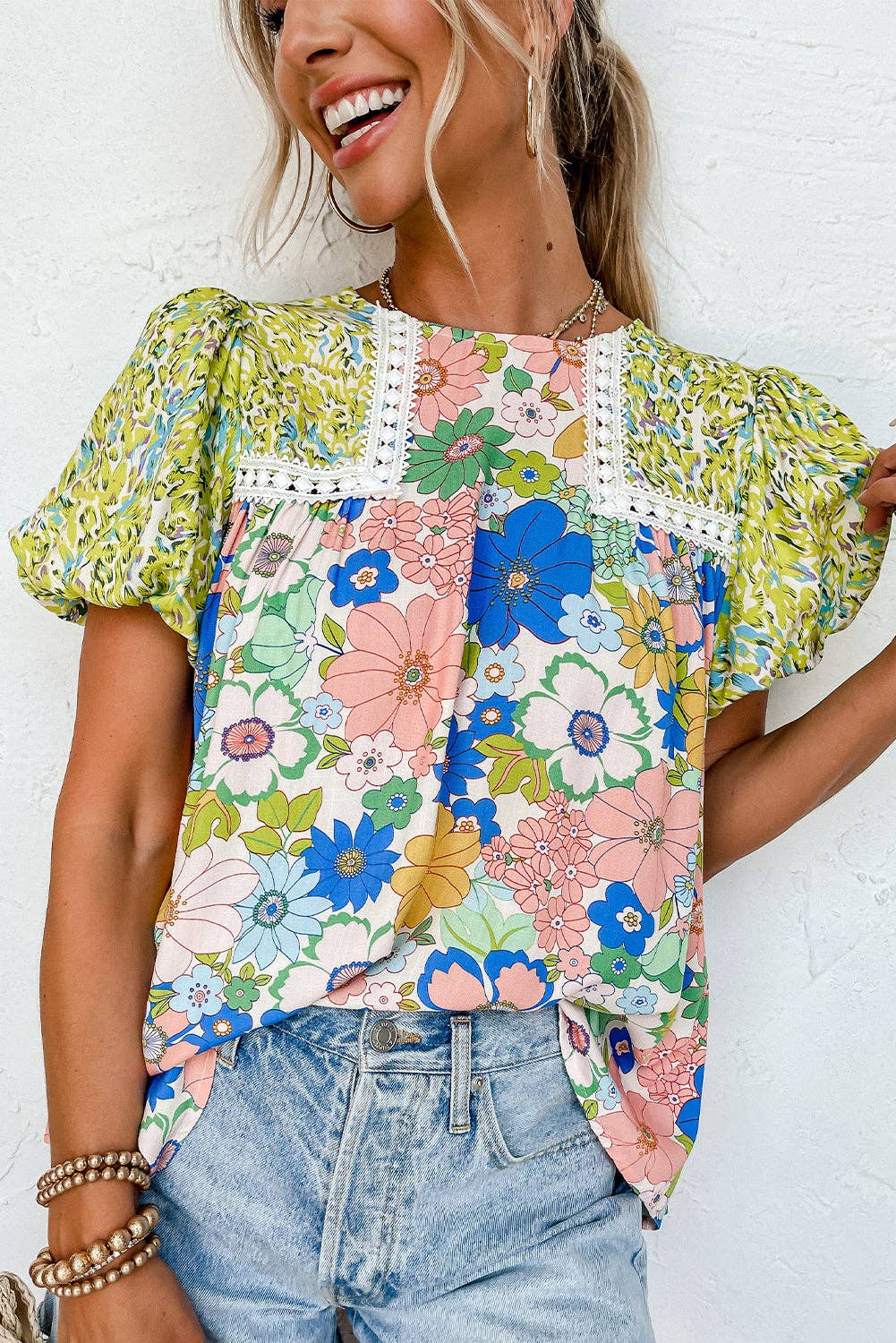 Floral Bubble Sleeve Blouse: Green
